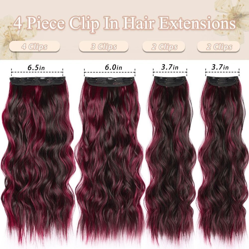 Long Wavy Clip in Hair Extensions Synthetic 22 Inch Dark Red Burgundy Women - Picture 2 of 8
